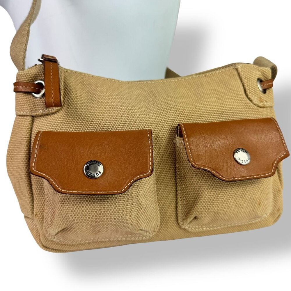 Fossil 1954 Vintage Y2K 90s Canvas Leather Crossbody Bag Front Flap Pockets
